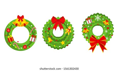 Christmas wreath on the door. Branches of a conifer, Christmas tree or cedar are woven into green ring. Decorated with bow, stars, bells, snowflakes and gifts. Traditional element for greeting cards.