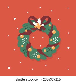 Christmas wreath on the door. Christmas decor. Spruce wreath. Vector image.