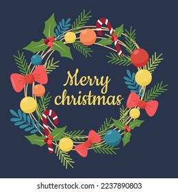 Christmas wreath on the door for the holiday of the new year. On dark background. Flat illustration