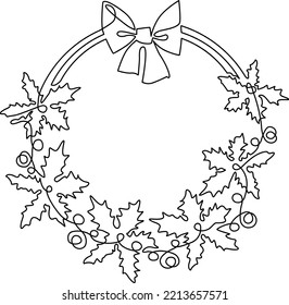 Christmas wreath on the door or wall. Traditional decoration of the house for the new year. Continuous line drawing, vector illustration.