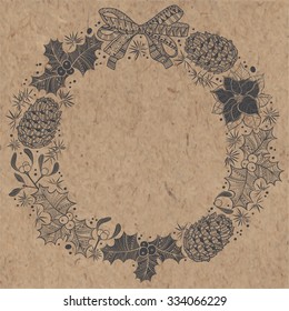 Christmas  wreath on kraft paper. Can be greeting card, invitation, design element.