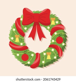 Christmas wreath on a light background with bells, balls and a luminous gerland. Flat cartoon style vector illustration.