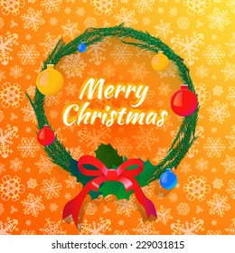 Christmas wreath on orange background with snowflakes