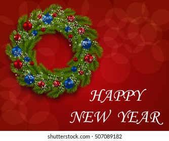 Christmas wreath on a postcard. Green branch of fir with red and blue balls on a red background. Happy New Year. Vector illustration