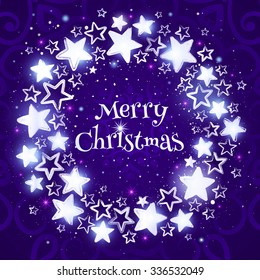 Christmas wreath on purple background. Circle composition with shining stars. Merry Christmas greeting card. Vector illustration