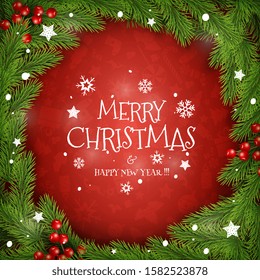 Christmas Wreath on Red Background. For Greeting Card, Poster and Banner. Pine Branches, Berries. Vector Illustration.