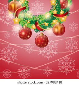 Christmas wreath on a red background. Greeting card. Vector illustration.