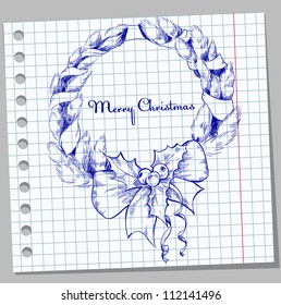 Christmas wreath on a sheet of notebook