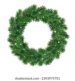 Christmas wreath on transparent background, vector illustration. Christmas tree decoration. Holiday fir tree garland. Festive winter season frame, realistic spruce branches with golden confetti.