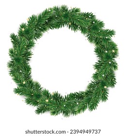 Christmas wreath on transparent background, vector illustration. Christmas tree decoration. Holiday fir tree garland. Festive winter season frame, realistic spruce branches with golden confetti. 