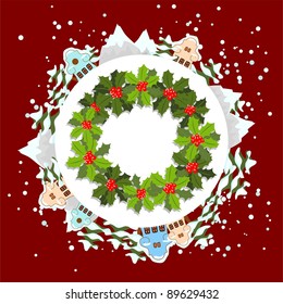 christmas wreath on winter background with snow, trees, mountains and houses
