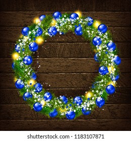 Christmas wreath on wooden background. Christmas greeting background 2019. Vector illustration