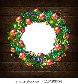 Christmas wreath on wooden background. Vector illustration