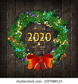 Christmas wreath on wooden background. Merry Christmas and happy new year 2020. Greeting card. Vector illustration