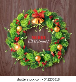 Christmas wreath on wooden background. Vector illustration.