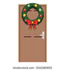 Christmas Wreath on Wooden Door Element for Xmas Festival.