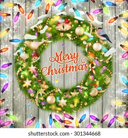 Christmas wreath on a wooden door. EPS 10 vector file included