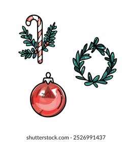 Christmas Wreath and Ornament Set Illustration. Festive Holiday Wreaths and Ornament Vector Art