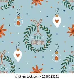 Christmas wreath and ornament. Winter Christmas seamless pattern. Vector illustration