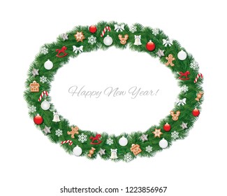 Christmas wreath oval frame decorated with gingerbread cookies, balls and snowflakes.