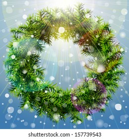 Christmas wreath with overhead lighting and snowfall. Wreath of pine branches without decoration. Vector image for new year's day, christmas, decoration, winter holiday, design, new year's eve, etc