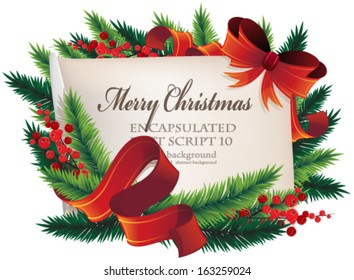 Christmas wreath with paper, red ribbon, fir-tree branches and berries on a white background