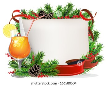 Christmas wreath with paper scroll, spruce branches and orange cocktail