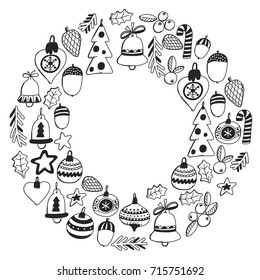 Christmas wreath Pattern for coloring book Frame wth christmas elements, balls, decoration Merry Christmas and Happy New year