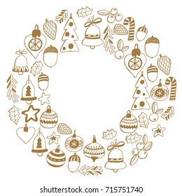 Christmas wreath Pattern for coloring book Frame wth christmas elements, balls, decoration Merry Christmas and Happy New year