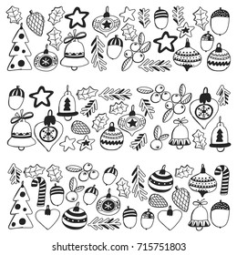 Christmas wreath Pattern for coloring book Frame wth christmas elements, balls, decoration Merry Christmas and Happy New year