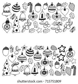 Christmas wreath Pattern for coloring book Frame wth christmas elements, balls, decoration Merry Christmas and Happy New year