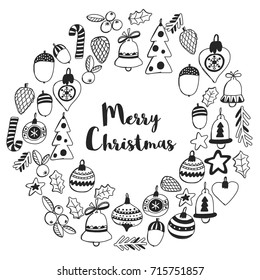 Christmas wreath Pattern for coloring book Frame wth christmas elements, balls, decoration Merry Christmas and Happy New year