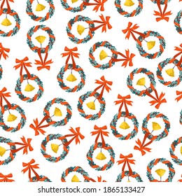 Christmas wreath pattern isolated on white backgroung. Vector hand drawn illustration
