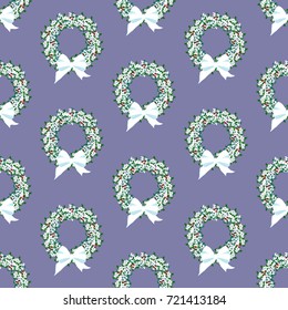 Christmas wreath pattern on the purple background. Vector illustration