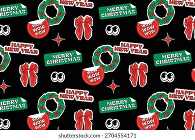 Padrão de coroa de Natal, adesivos, decalques em estilo Y2K retro - modelo de arte pop festivo para papel de embrulho, papelaria, cartões de férias e impressões têxteis, banners, mercadorias, fundos digitais, nós