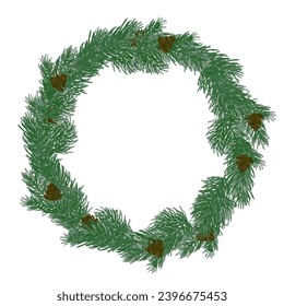 Christmas wreath with pine branch for card or invite. Vector hand drawn illustration, isolate on white background.