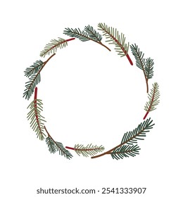 Christmas wreath pine branch . Christmas tree decoration. Holiday fir tree garland. Festive winter season frame, flat spruce branches. Transparent background in vector file.