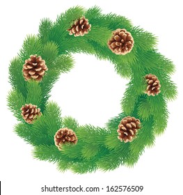 Christmas wreath of pine branches with cones