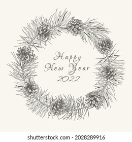 Christmas wreath with pine branches and cones. Botanical card with coniferous and evergreen. Round frame, isolated on white background. BW.