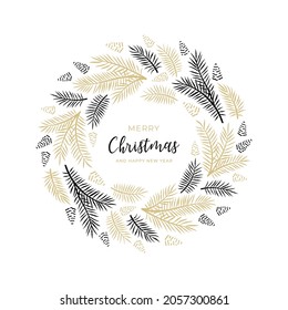 Christmas wreath with pine branches and cones in gold and black color. Holiday design for your greeting cards. Vector illustration in modern style.