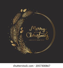 Weihnachtskranz mit Kiefernästen und Kegeln in Gold und Schwarz. Modernes Design für Ihre Grußkarten. Vektorgrafik im Urlaubsstil.