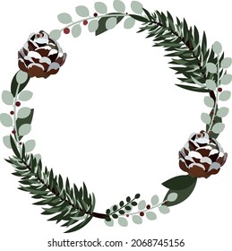 christmas wreath with pine branches and cones. New year greeting card with wreath