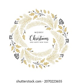 Christmas wreath with pine branches, cones and berries. Holiday design for your greeting cards in gold and black color