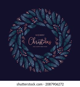 Christmas wreath of pine branches and cones. Round holiday frame for greeting cards or invitation