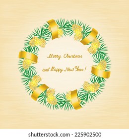 Christmas wreath of pine branches and cones with gold ribbon and handwritten text.
