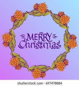 Christmas wreath of pine branches with cones and lettering Merry Christmas. Vector illustration for greeting cards, invitations and other items.