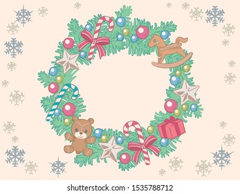 Christmas wreath with pine branches and decorative items. Vector illustration.