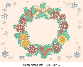 Christmas wreath with pine branches and decorative items. Vector illustration.