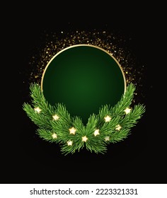 Christmas wreath with pine branches, gold glitter and glowing stars. Round vertical vector template.