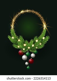 Christmas wreath with pine branches, gold glitter and glowing stars. Round vertical vector template.